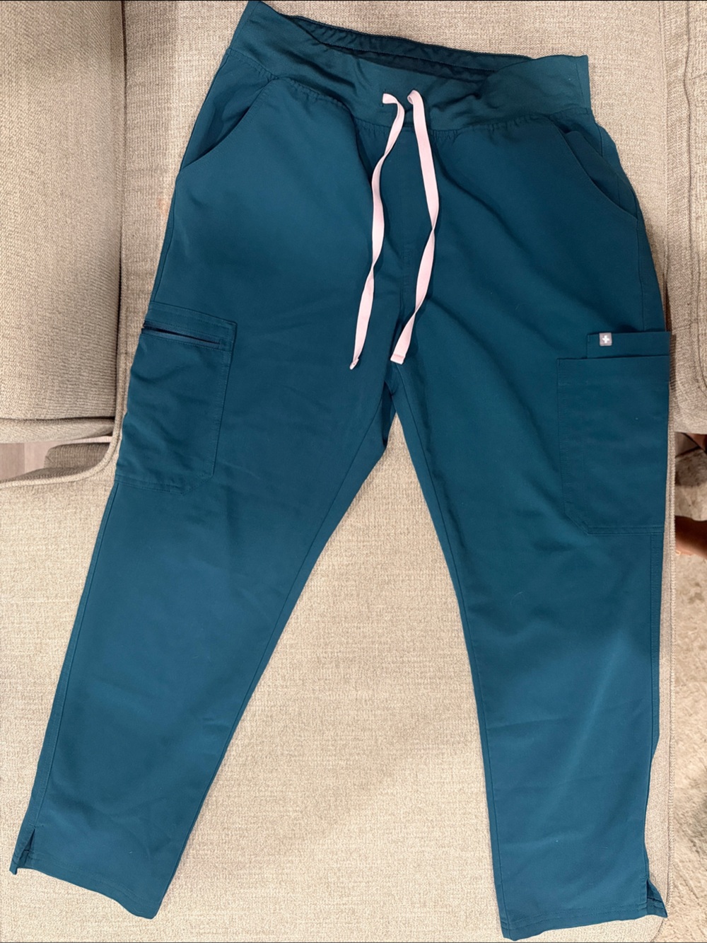 Figs Teal Boot Cut Scrub Pants with Pink Drawstring